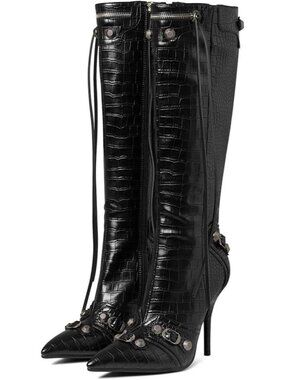 Women's Black Fashion Slide Zipper Pointed Toe Stiletto Studded High Heel Rivets